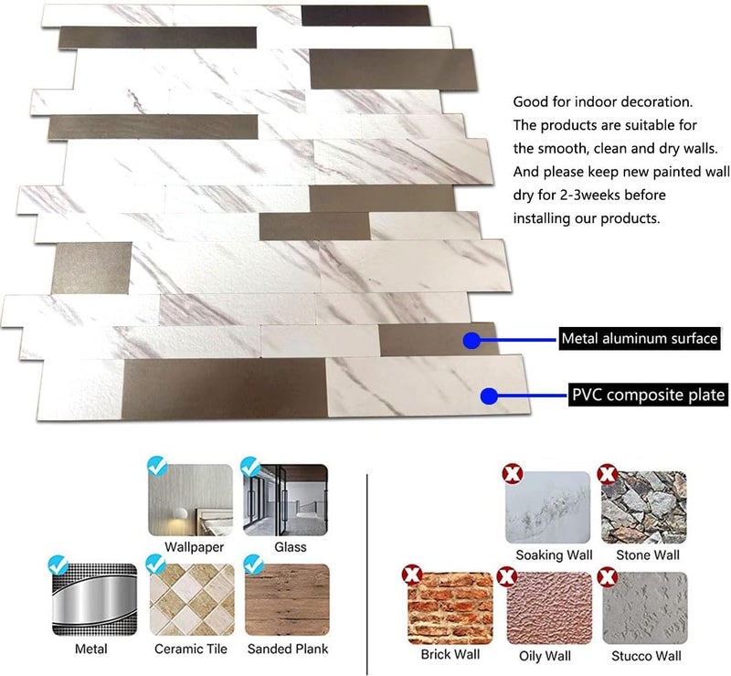 weimeisc 10 Sheets Peel and Stick Backsplash Tile for Kitchen, Self-Adhesive Mosaic Tile, Stick on Bathroom Vanities，Fireplace Décor, Laundry Table (White Marble+Frosted Grey-2) - Image 3